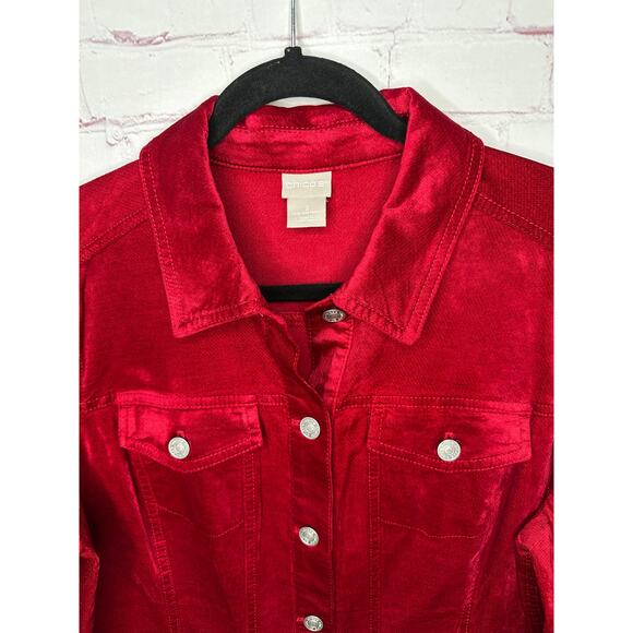 Chico’s Red Velveteen Long Jacket Womens Large - Picture 3 of 9